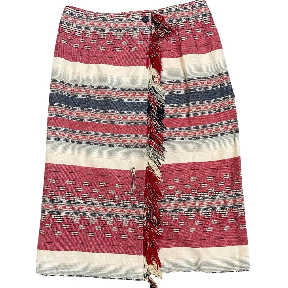 Cambridge Dry Goods Wrap Skirt Women 6 Red Southwestern Fringe Cotton Midi